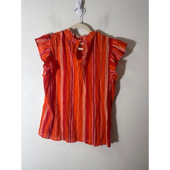 THML Orange Red Stripe Flutter Sleeve Cotton Top Sz L - Picture 2 of 2